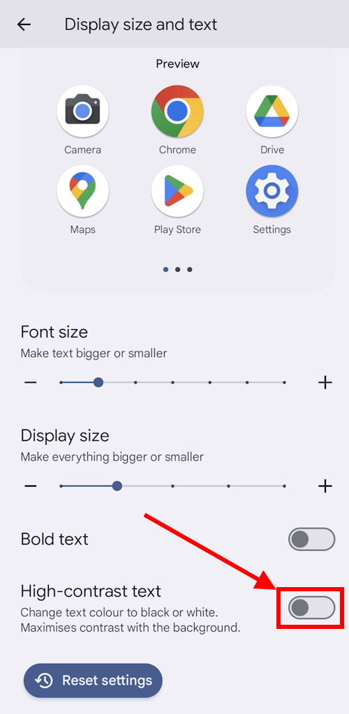 Tap the toggle switch for High-contrast text
